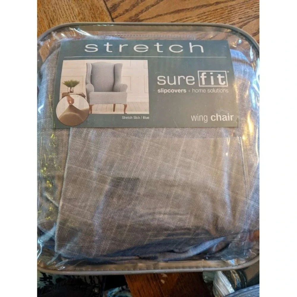 NEW Sure fit Stretch Slub velour One Piece Wing Chair Slipcover blue washable